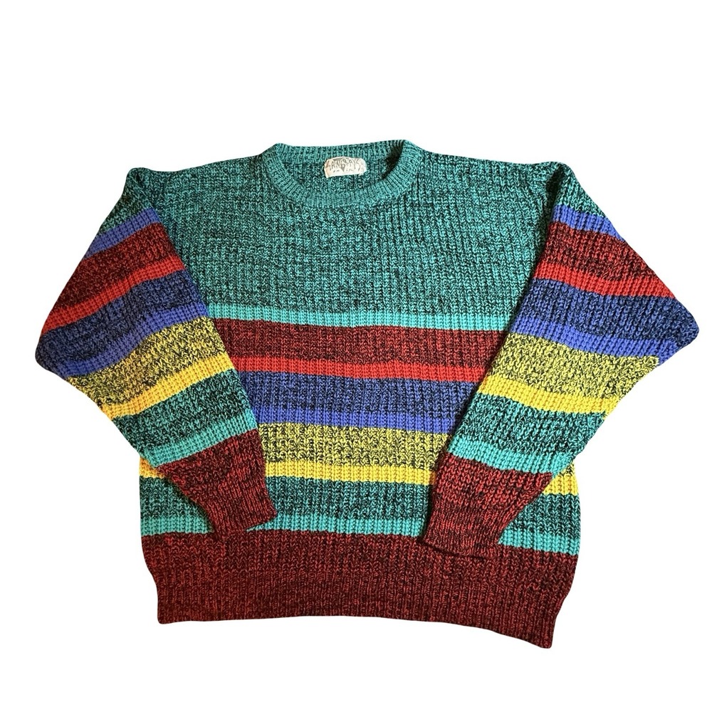 Vintage 90s Saturdays Rainbow Stripe Chunky Knit Sweater Large Boxy Retro‎